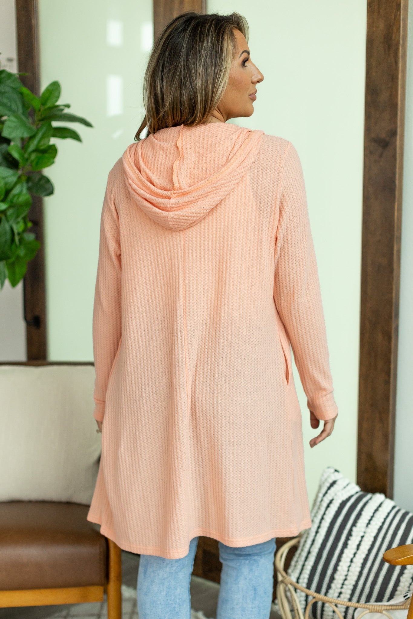Claire Hooded Waffle Cardigan - Coral