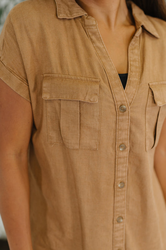 Cloud Nine to Five Button Down Blouse in Deep Camel