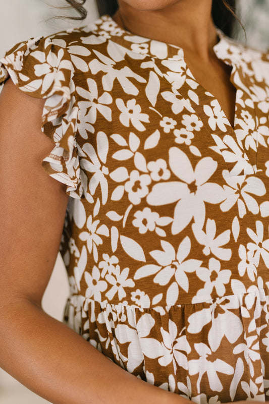 Lizzy Forever Flutter Sleeve Dress in Basic Mocha and White Floral