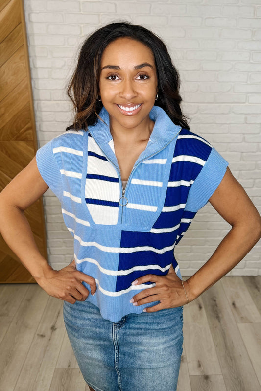 Lonely Traveler Striped Quarter Zip Vest in Blue