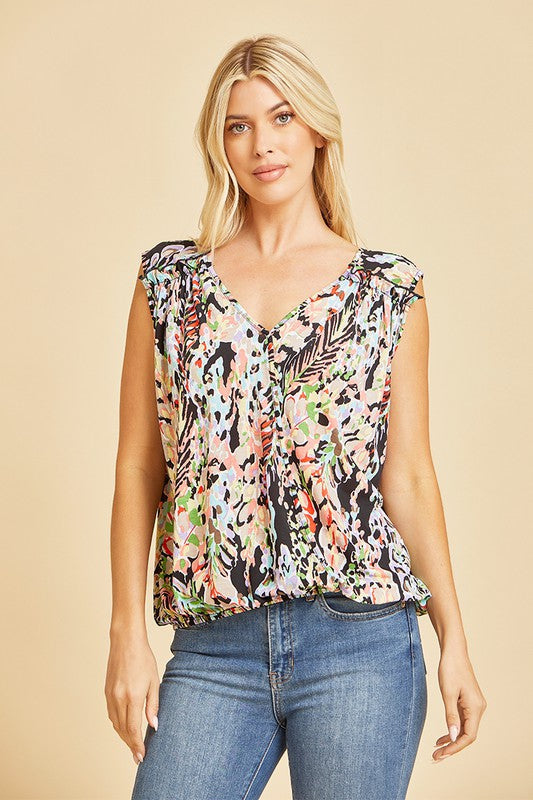 Sleeve Less Top On Lightweight Bulgari in Black Multi