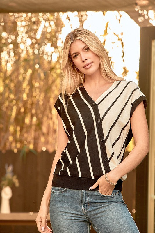 Short Sleeve V-neck Top Featuring a Stripe