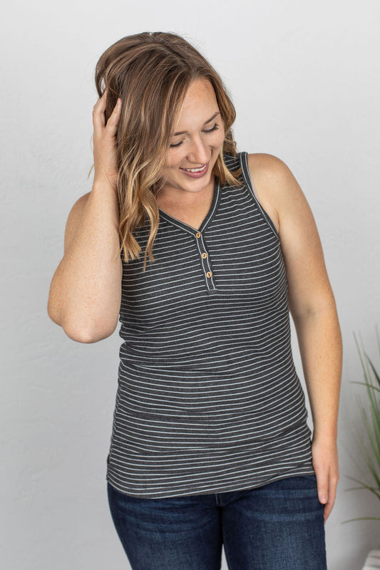 Addison Henley Tank - Charcoal w/White Stripes