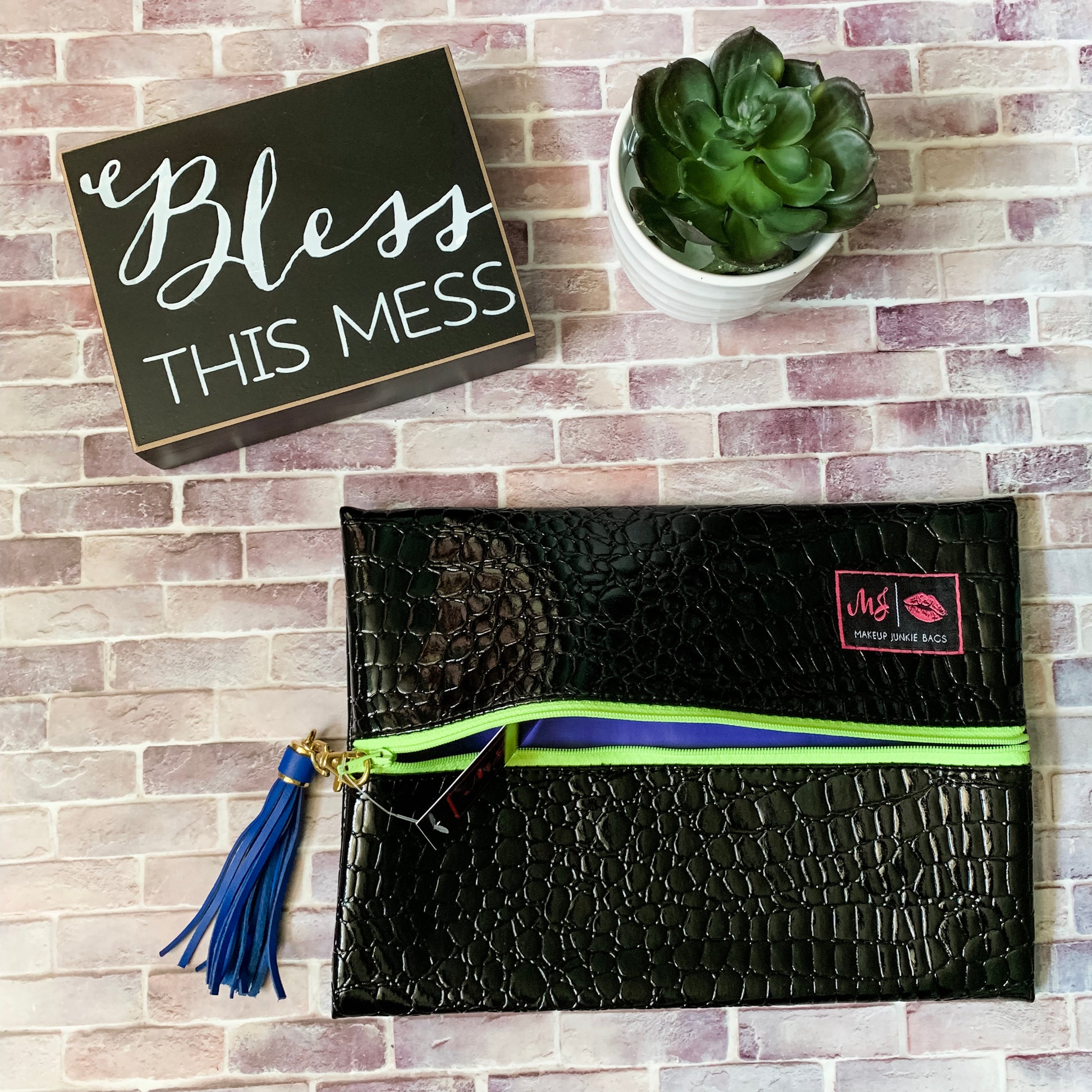 Makeup Junkie Black Gator with Lime Zipper-Two Sweet Berries