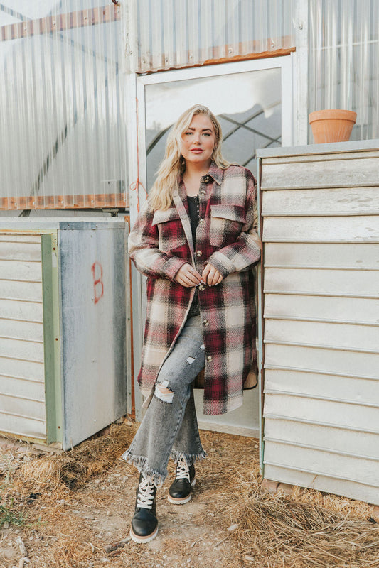 Watch You Go Plaid Coat- Burgundy