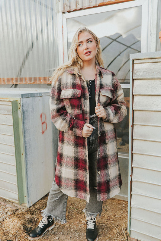 Watch You Go Plaid Coat- Burgundy