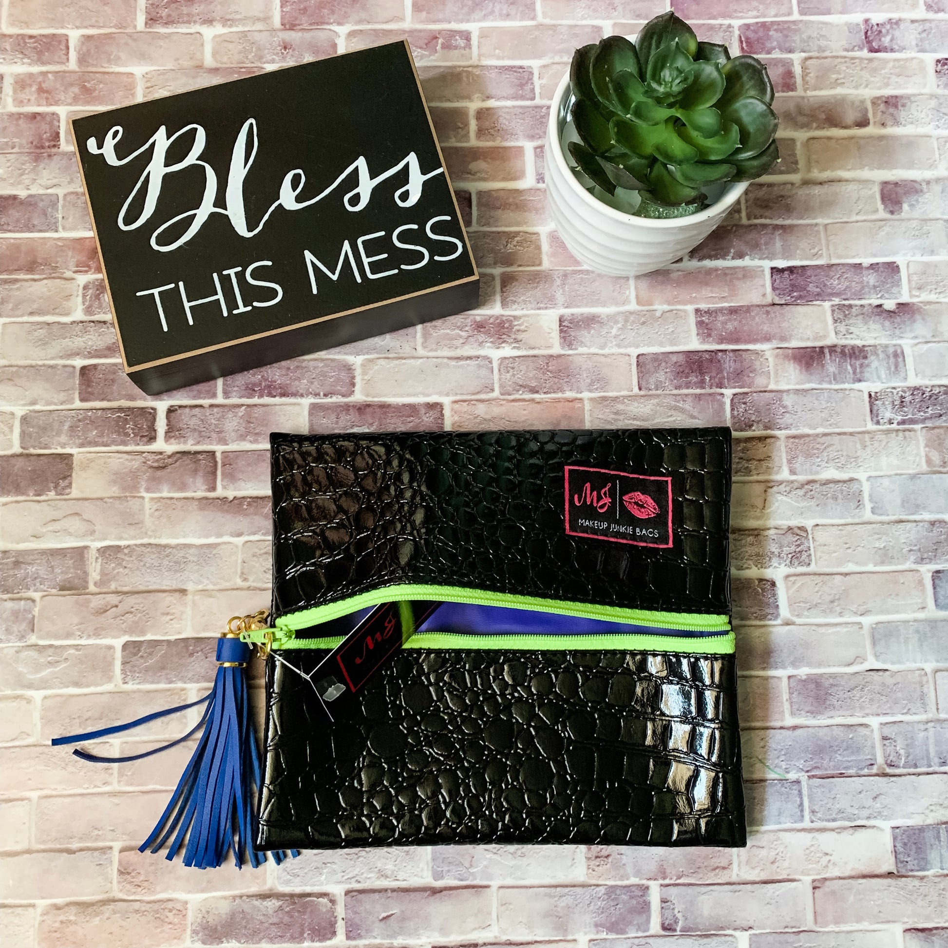Makeup Junkie Black Gator with Lime Zipper-Two Sweet Berries